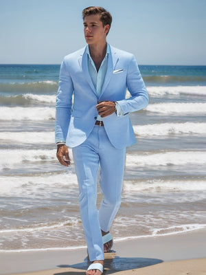 Sky Blue Men's Tailored Fit Single Breasted Two-Buttons Casual Beach Wedding Suits