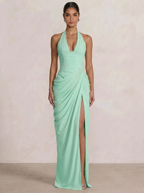 Mermaid Evening Dresses Chiffon Halter Neck Ruched Formal Dresses Split Side Wedding Guest