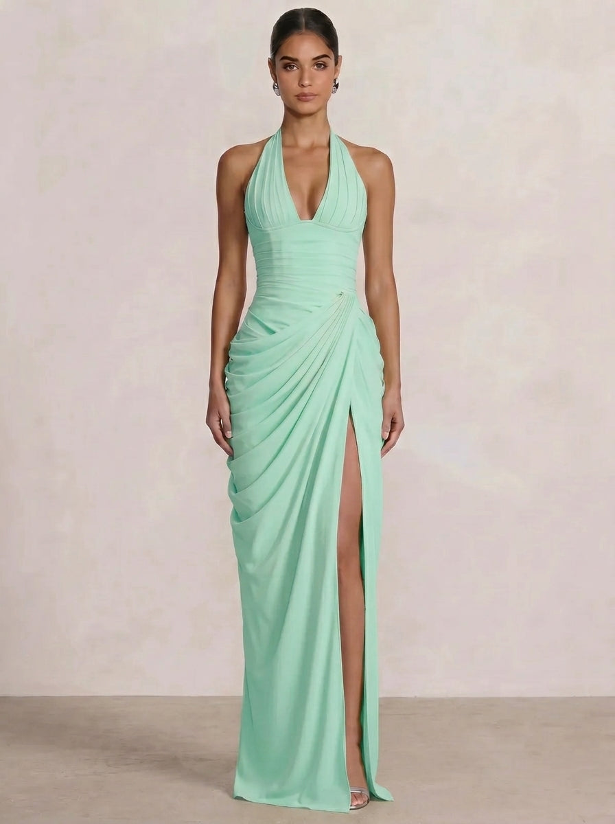 Mermaid Evening Dresses Chiffon Halter Neck Ruched Formal Dresses Split Side Wedding Guest