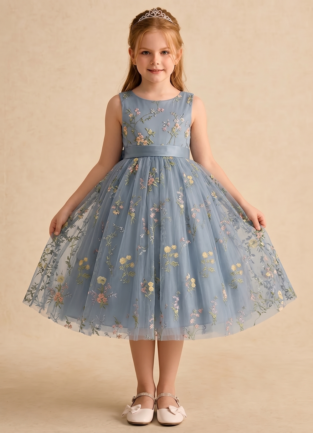 A-Line/Princess Flower Girl Dresses Floral Emboridary Sleeveless Dresses with Bowknot