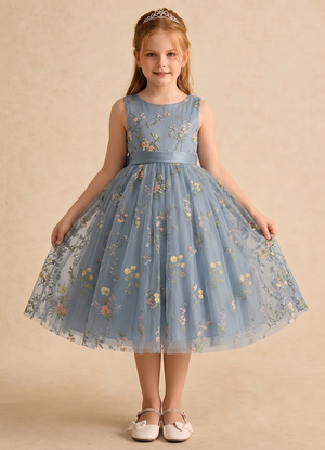A-Line/Princess Flower Girl Dresses Floral Emboridary Sleeveless Dresses with Bowknot