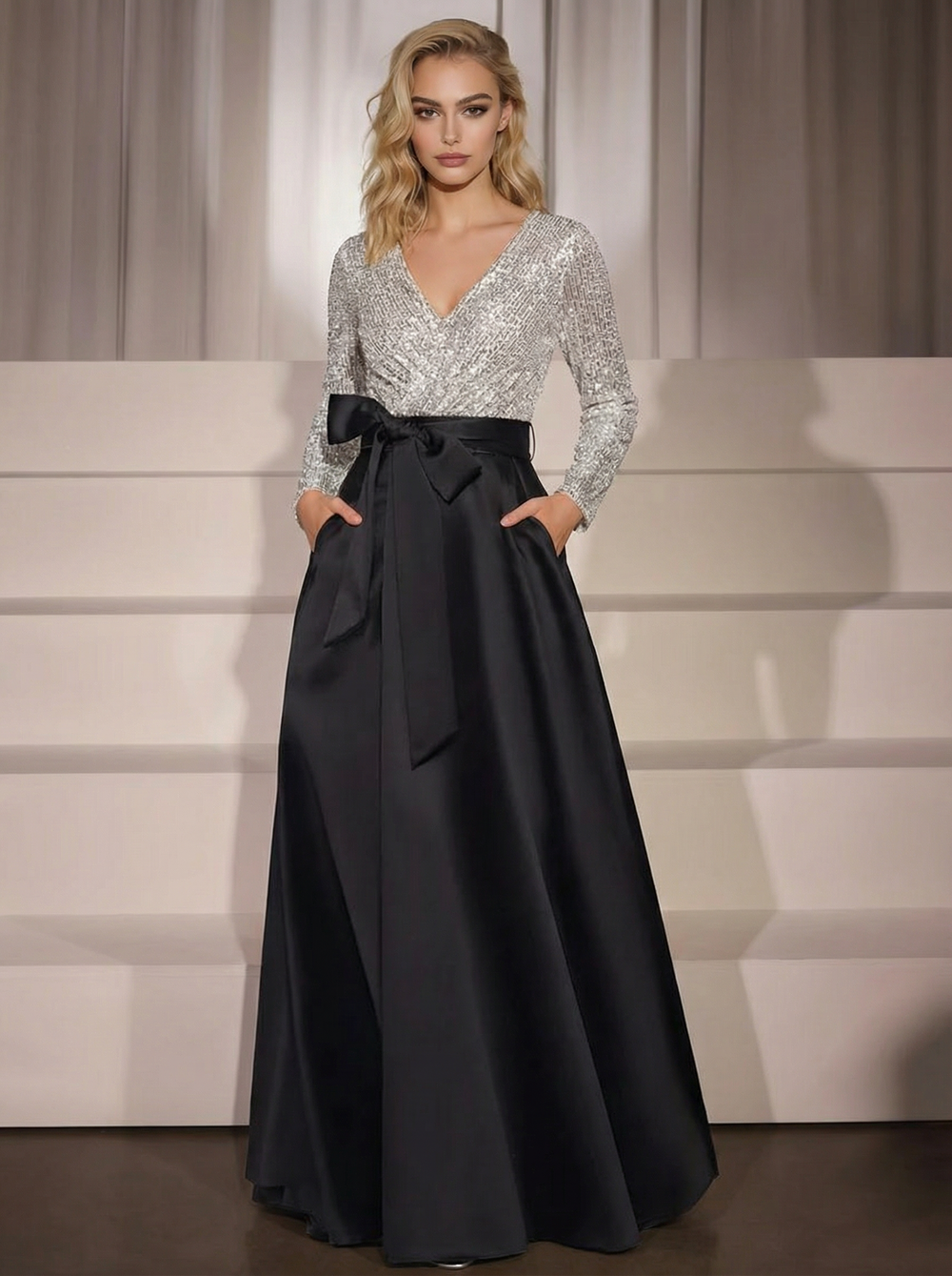 A-Line/Princess Evening Dresses V-Neck Long Sleeves Floor-Length Formal Gown With Pocket & Sequins