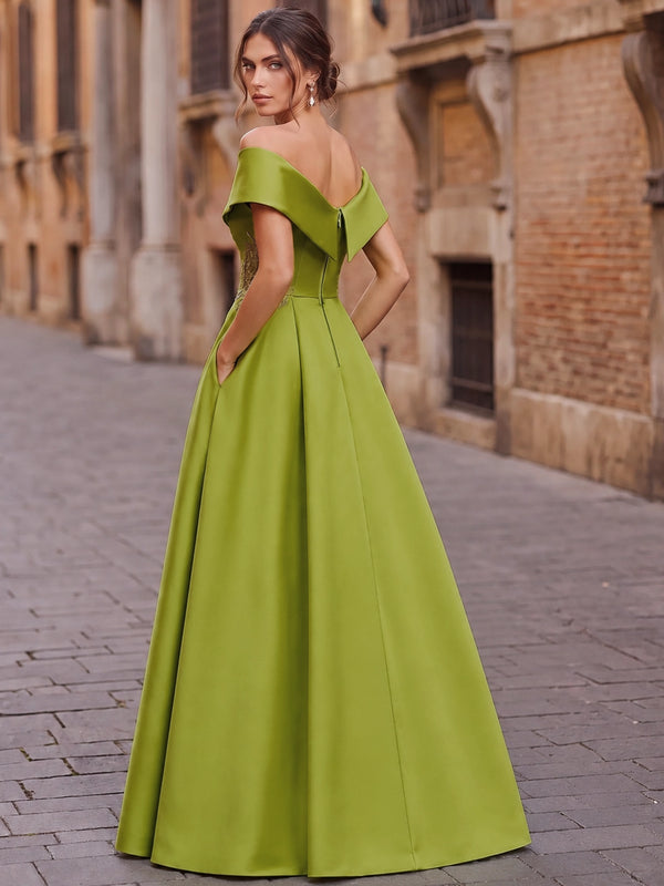 A-Line Evening Dress Short Sleeve Floor Length V Neck Satin Dress With Pocket Embroidery Mother of the Bride Dresses