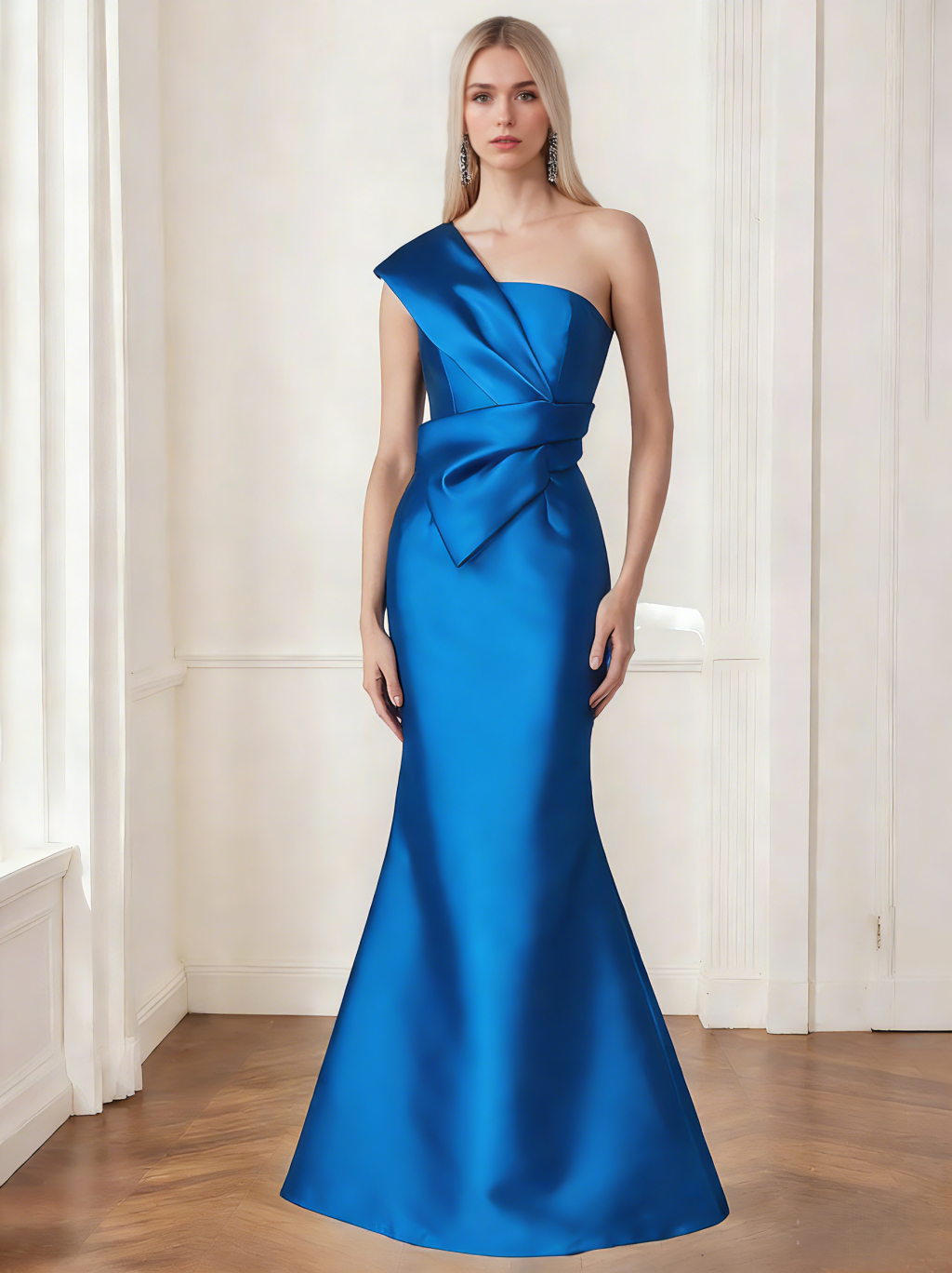 Trumpet/Mermaid Evening Dress One-Shoulder Satin Dress With Bow Sleeveless Floor-Length Mother of the Bride Dresses