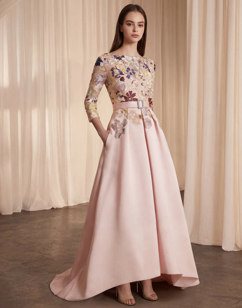 A-Line/Princess Cocktail Dress Floral Formal Dress Scoop 3/4 Sleeves Asymmetrical with Appliques Lace