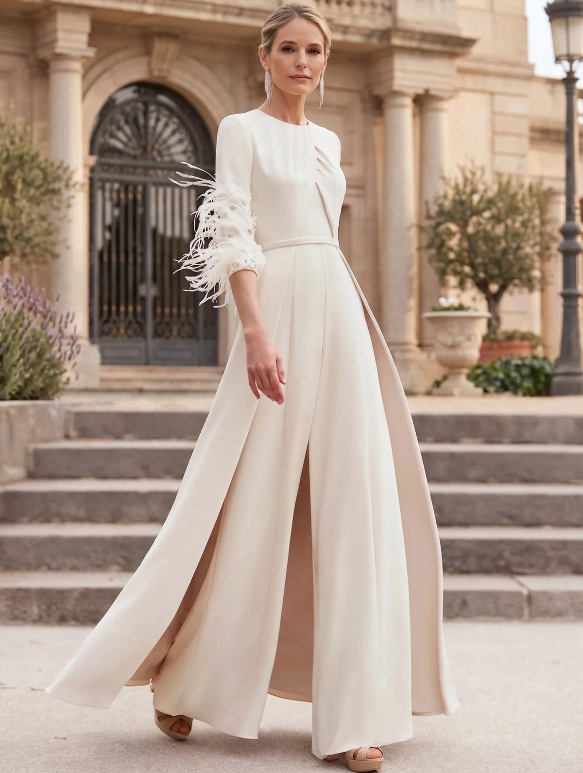 Stretch Satin Jewel Neck Half Sleeves Ankle-Length Mother Of The Bride Pantsuits With Feathers