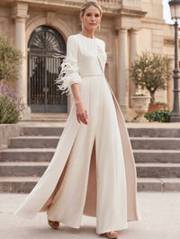 Stretch Satin Jewel Neck Half Sleeves Ankle-Length Mother Of The Bride Pantsuits With Feathers