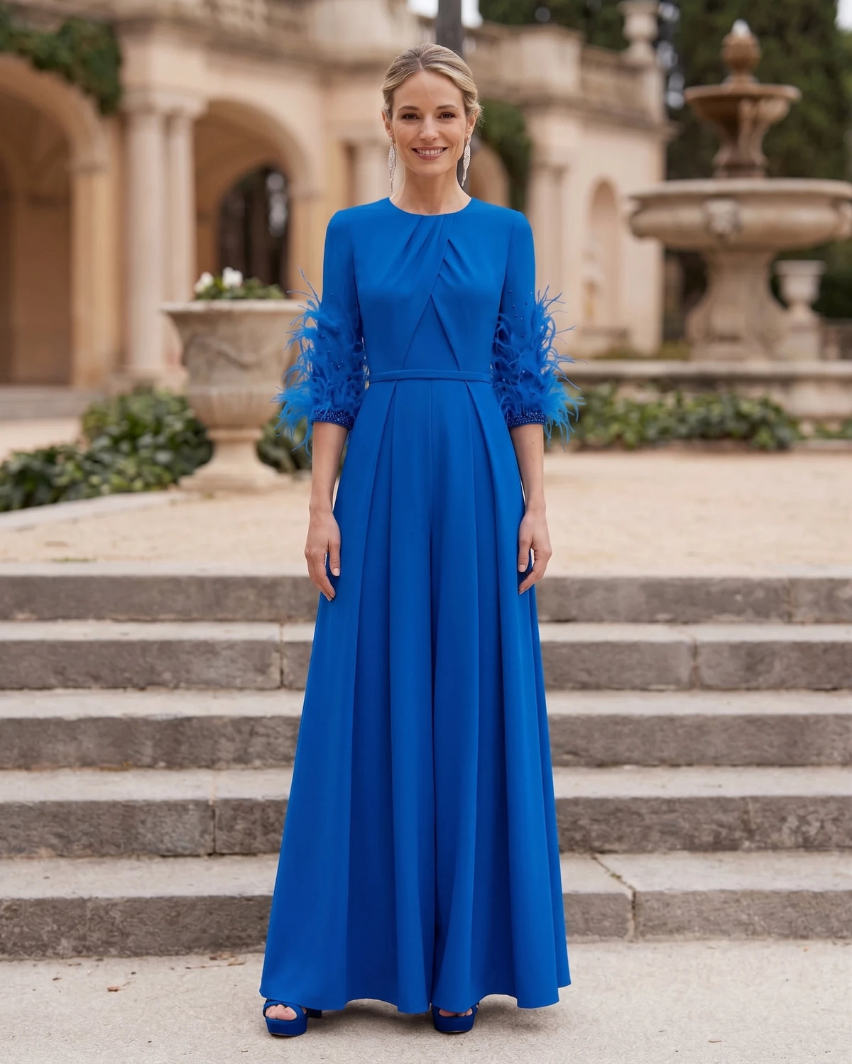 Stretch Satin Jewel Neck Half Sleeves Ankle-Length Mother Of The Bride Pantsuits With Feathers