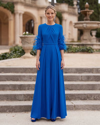 Stretch Satin Jewel Neck Half Sleeves Ankle-Length Mother Of The Bride Pantsuits With Feathers