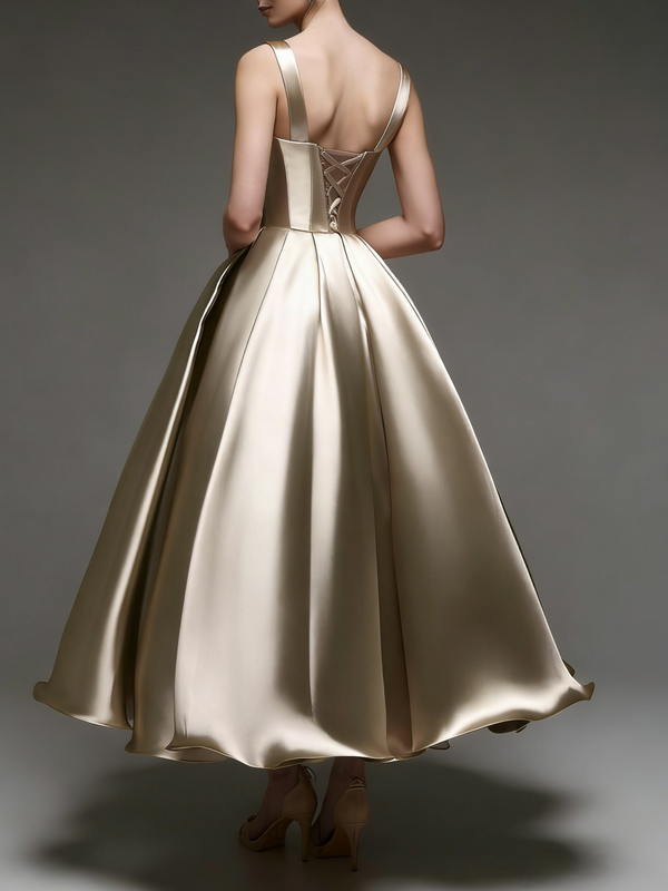A-Line/Princess Elegant Cocktail Dress Spaghetti Straps Tea-Length Stretch Satin Dress