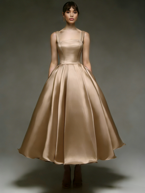 A-Line/Princess Elegant Cocktail Dress Spaghetti Straps Tea-Length Stretch Satin Dress