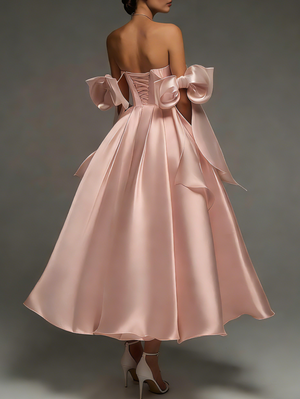 A-Line/Princess Elegant Cocktail Dress Off-The-Shoulder Sleeveless Tea-Length Stretch Satin Dress