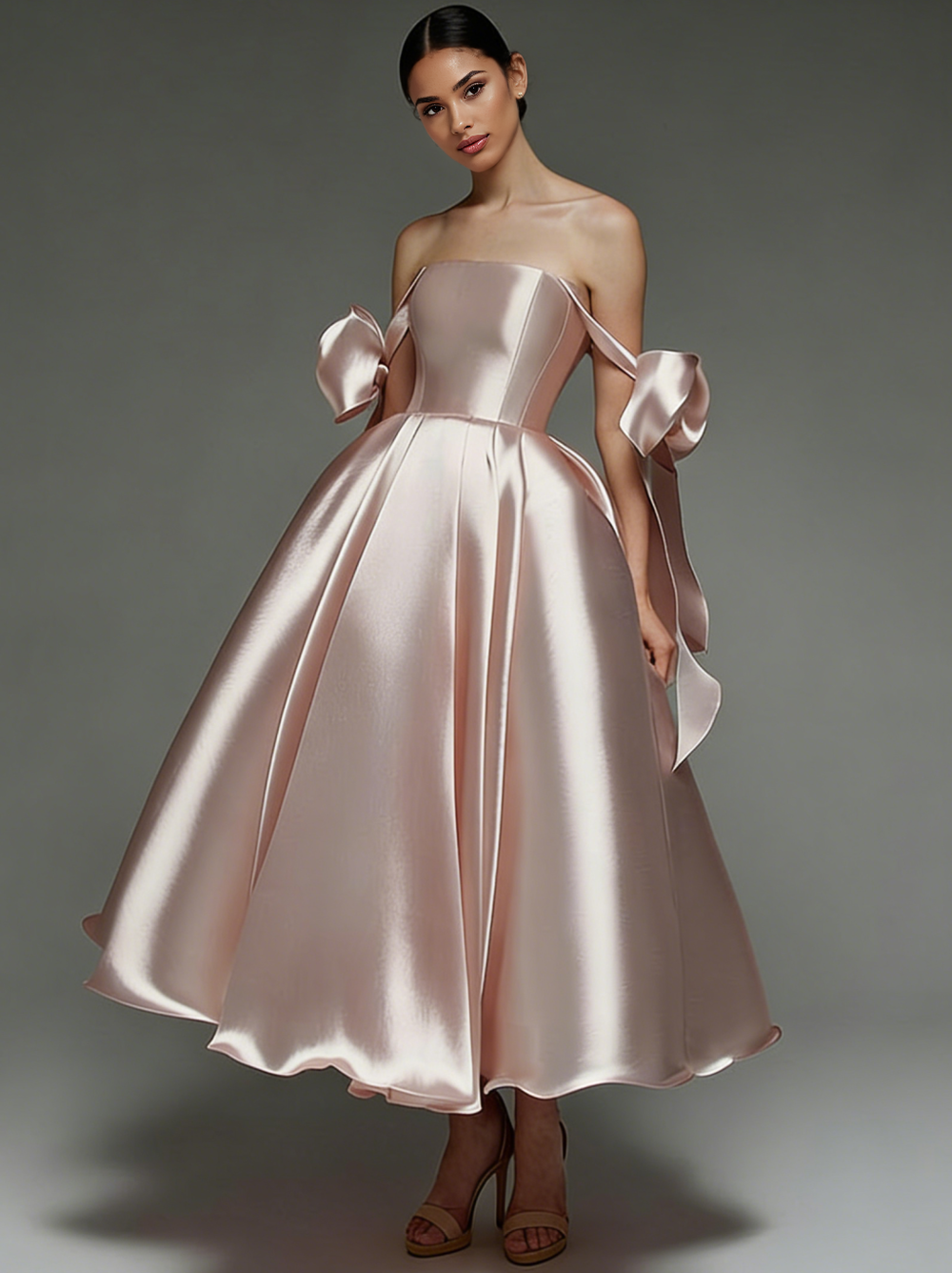 A-Line/Princess Elegant Cocktail Dress Off-The-Shoulder Sleeveless Tea-Length Stretch Satin Dress