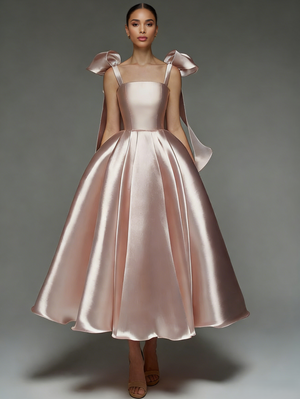 A-Line/Princess Elegant Cocktail Dress Off-The-Shoulder Sleeveless Tea-Length Stretch Satin Dress