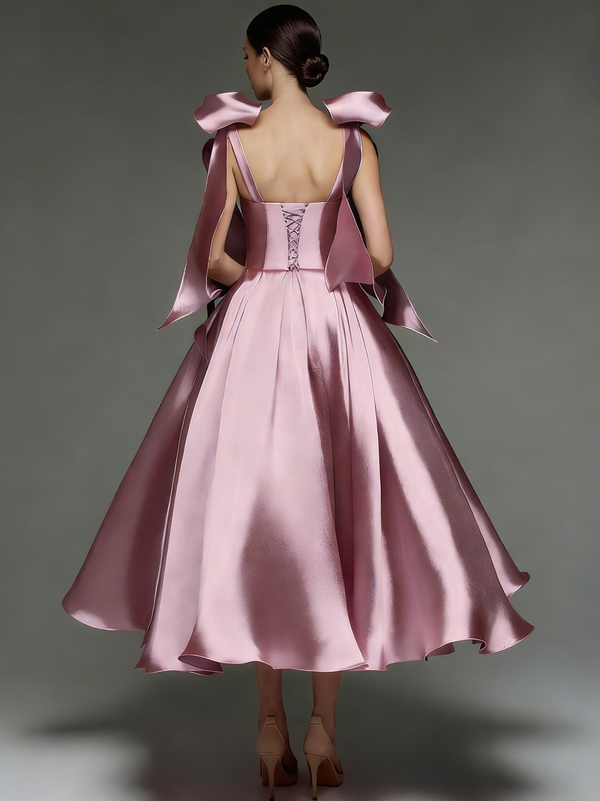 A-Line/Princess Elegant Cocktail Dress Sweetheart Neckline Sleeveless Tea-Length Stretch Satin Dress With Bows
