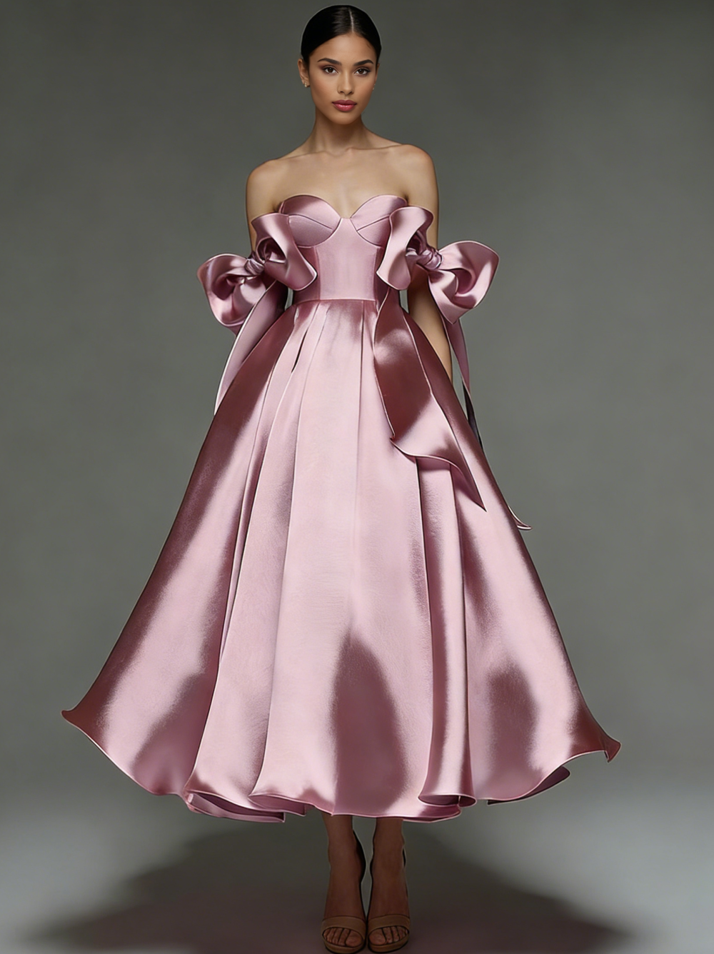 A-Line/Princess Elegant Cocktail Dress Sweetheart Neckline Sleeveless Tea-Length Stretch Satin Dress With Bows