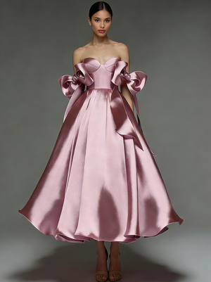 A-Line/Princess Elegant Cocktail Dress Sweetheart Neckline Sleeveless Tea-Length Stretch Satin Dress With Bows