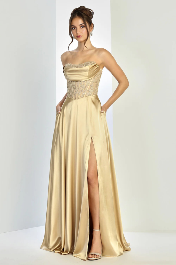 A Line/Princesses Prom Dresses Satin Strapless Floor-Length Formal Corset Dress With Lace Appliques