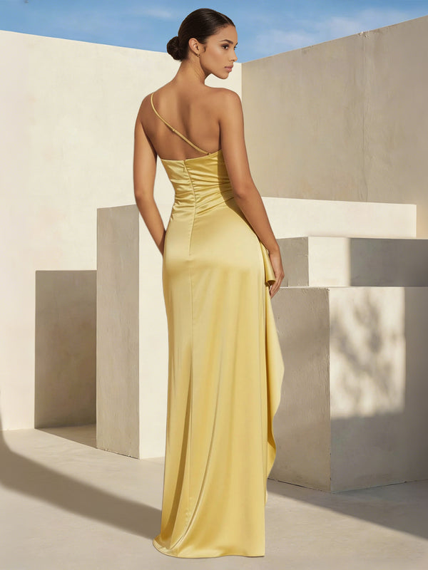 Sheath/Column Simple Wedding Guest Dress Stretch Satin Ruffles Dress One Shoulder 	Floor-Length Elegant Dress