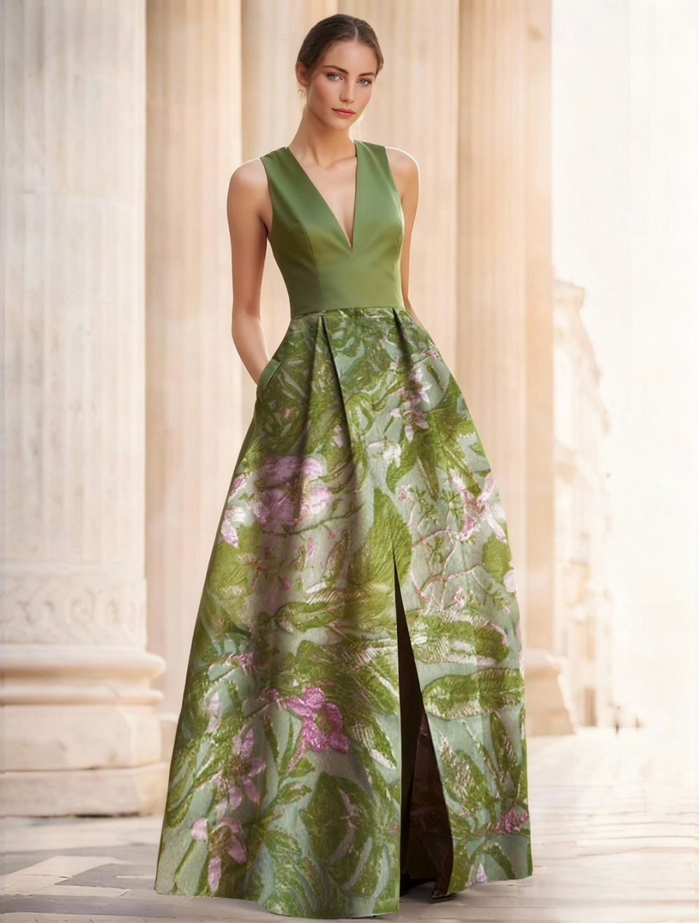 A-Line Evening Gown Elegant Jacquard Floral Dress Prom Floor Length Sleeveless V Neck with Slit Pocket Wedding Guest Dress