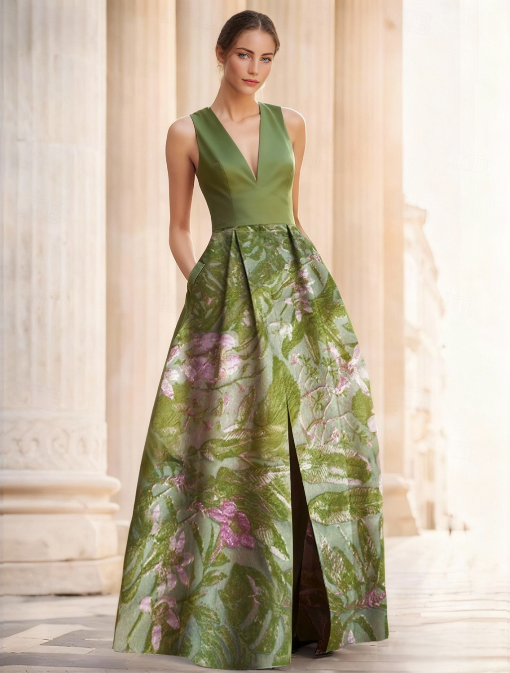 A-Line Evening Gown Elegant Jacquard Floral Dress Prom Floor Length Sl