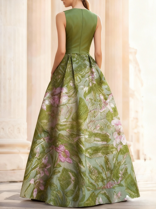 A-Line Evening Gown Elegant Jacquard Floral Dress Prom Floor Length Sleeveless V Neck with Slit Pocket Wedding Guest Dress