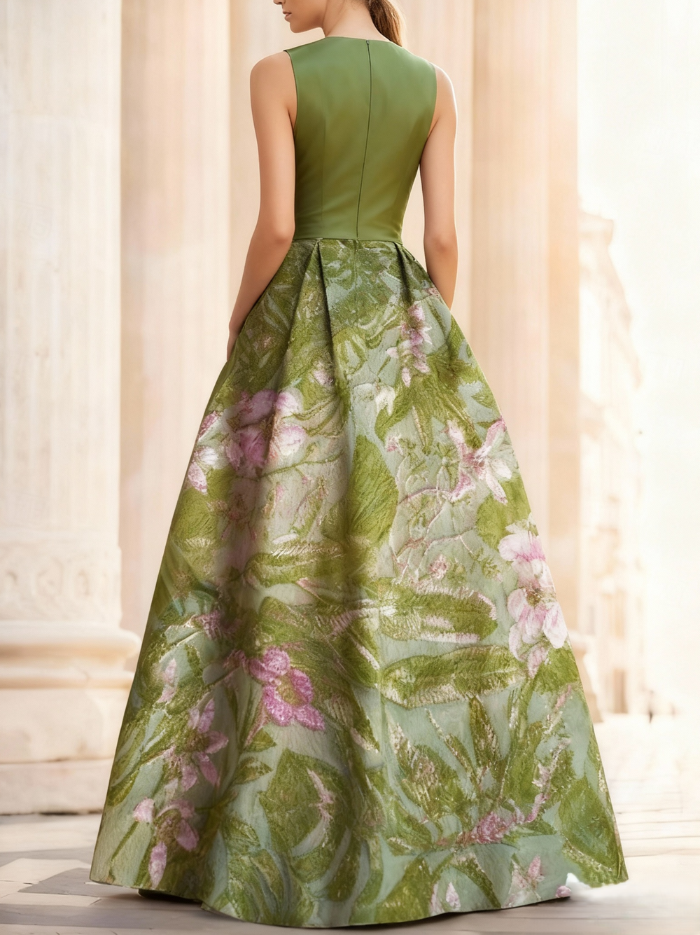 A-Line Evening Gown Elegant Jacquard Floral Dress Prom Floor Length Sleeveless V Neck with Slit Pocket Wedding Guest Dress