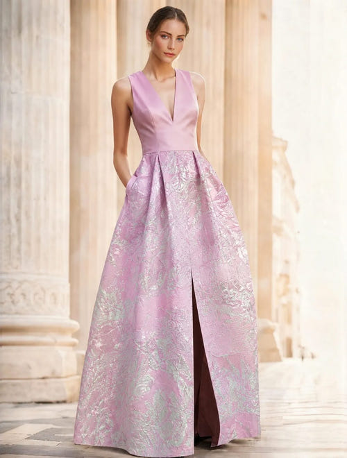 A-Line Evening Gown Elegant Jacquard Floral Dress Prom Floor Length Sleeveless V Neck with Slit Pocket Wedding Guest Dress