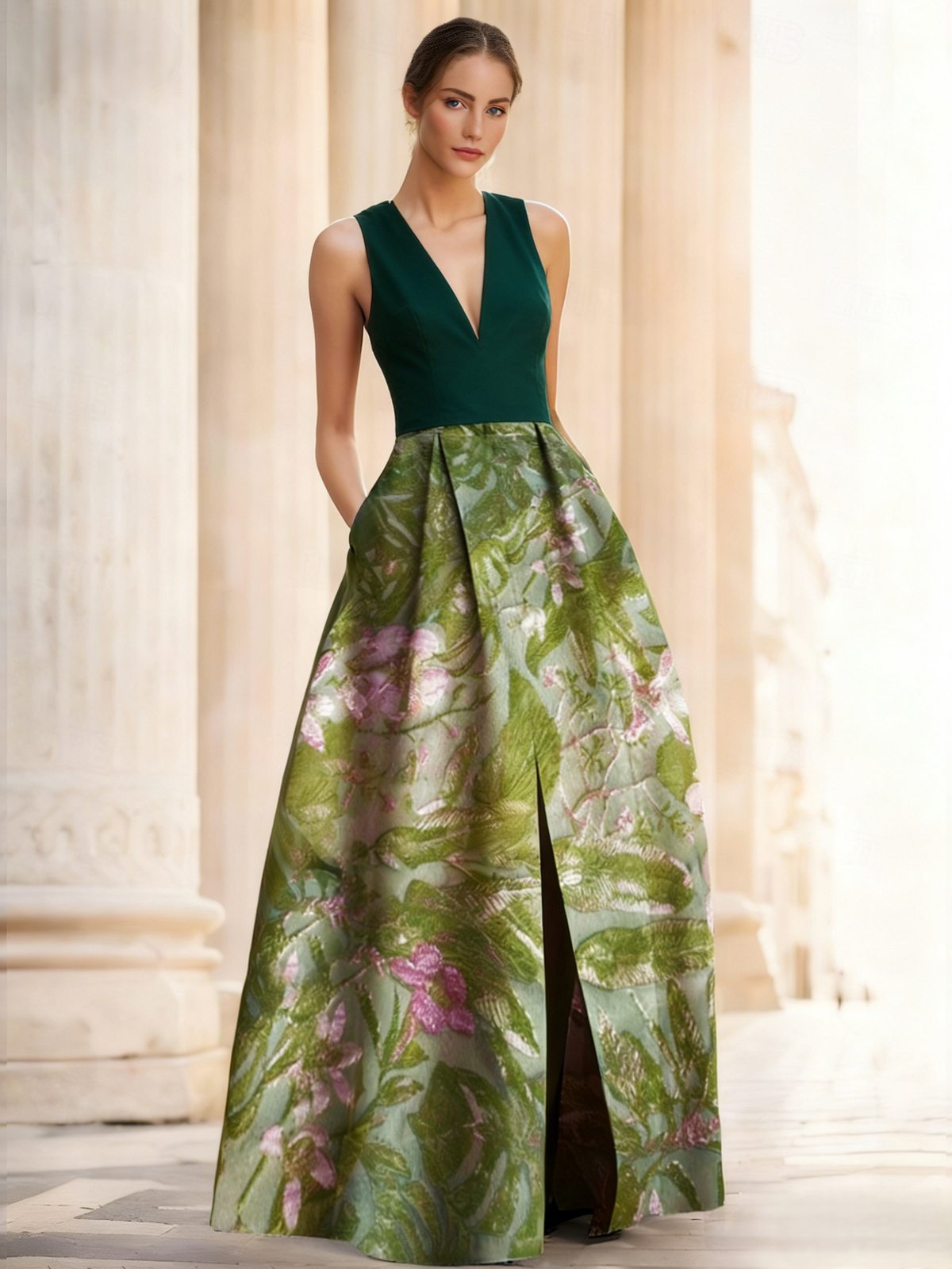 Nafori Petal A-Line Evening Gown Elegant Jacquard Floral Dress Prom Floor Length Sleeveless V Neck with Slit Pocket Wedding Guest Dress 2026