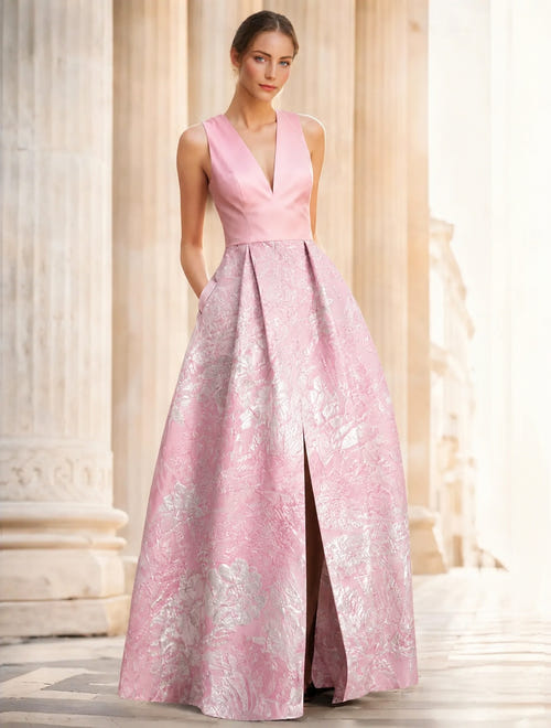 A-Line Evening Gown Elegant Jacquard Floral Dress Prom Floor Length Sleeveless V Neck with Slit Pocket Wedding Guest Dress