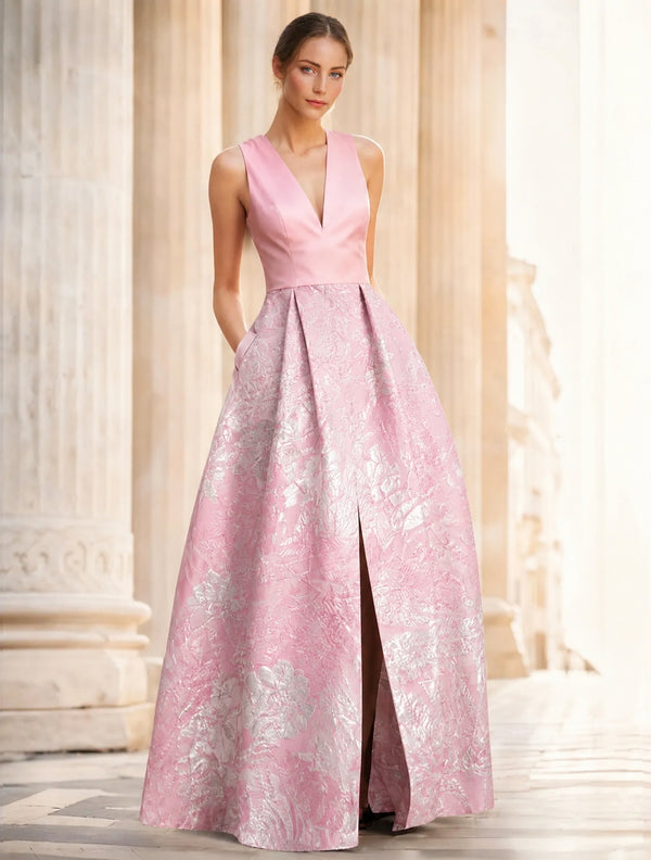 A-Line Evening Gown Elegant Jacquard Floral Dress Prom Floor Length Sleeveless V Neck with Slit Pocket Wedding Guest Dress