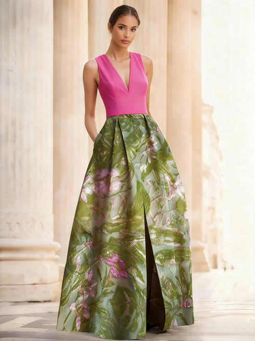 A-Line Evening Gown Elegant Jacquard Floral Dress Prom Floor Length Sleeveless V Neck with Slit Pocket Wedding Guest Dress