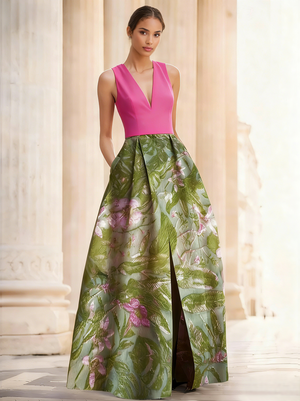 A-Line Evening Gown Elegant Jacquard Floral Dress Prom Floor Length Sleeveless V Neck with Slit Pocket Wedding Guest Dress