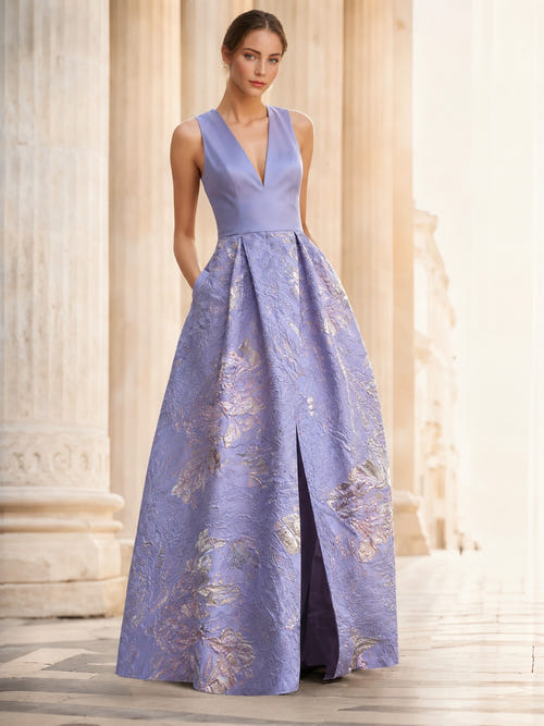 A-Line Evening Gown Elegant Jacquard Floral Dress Prom Floor Length Sleeveless V Neck with Slit Pocket Wedding Guest Dress