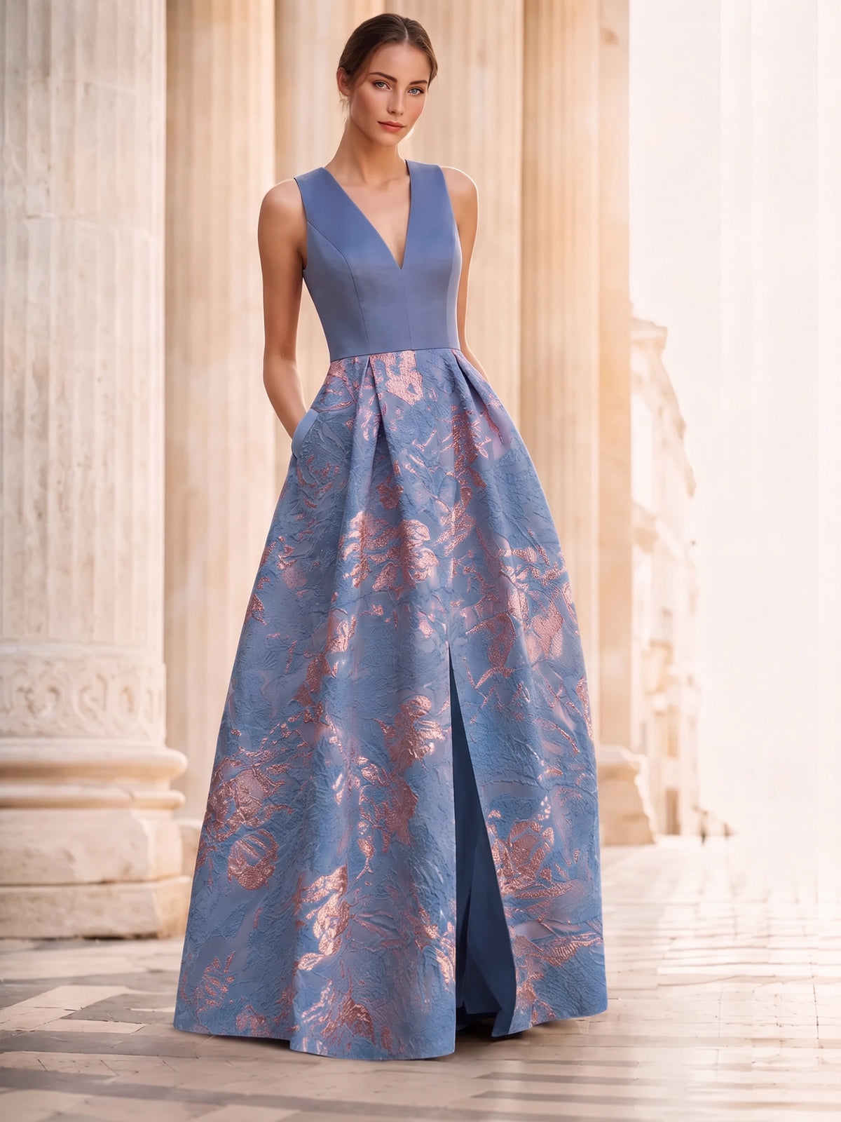 Nafori Lilac A-Line Evening Gown Elegant Jacquard Floral Dress Prom Floor Length Sleeveless V Neck with Slit Pocket Wedding Guest Dress 2026