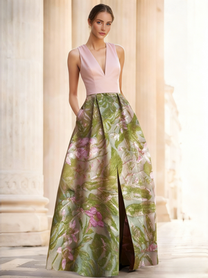 A-Line Evening Gown Elegant Jacquard Floral Dress Prom Floor Length Sleeveless V Neck with Slit Pocket Wedding Guest Dress