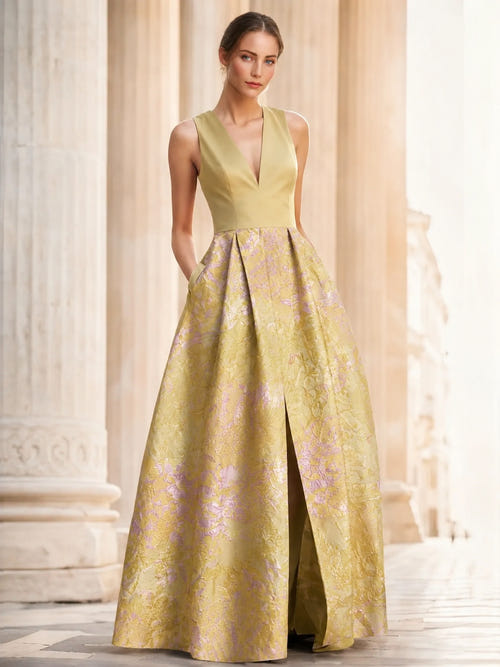 A-Line Evening Gown Elegant Jacquard Floral Dress Prom Floor Length Sleeveless V Neck with Slit Pocket Wedding Guest Dress