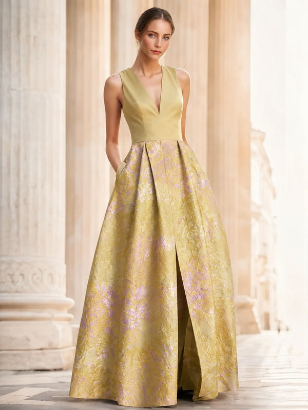 A-Line Evening Gown Elegant Jacquard Floral Dress Prom Floor Length Sleeveless V Neck with Slit Pocket Wedding Guest Dress