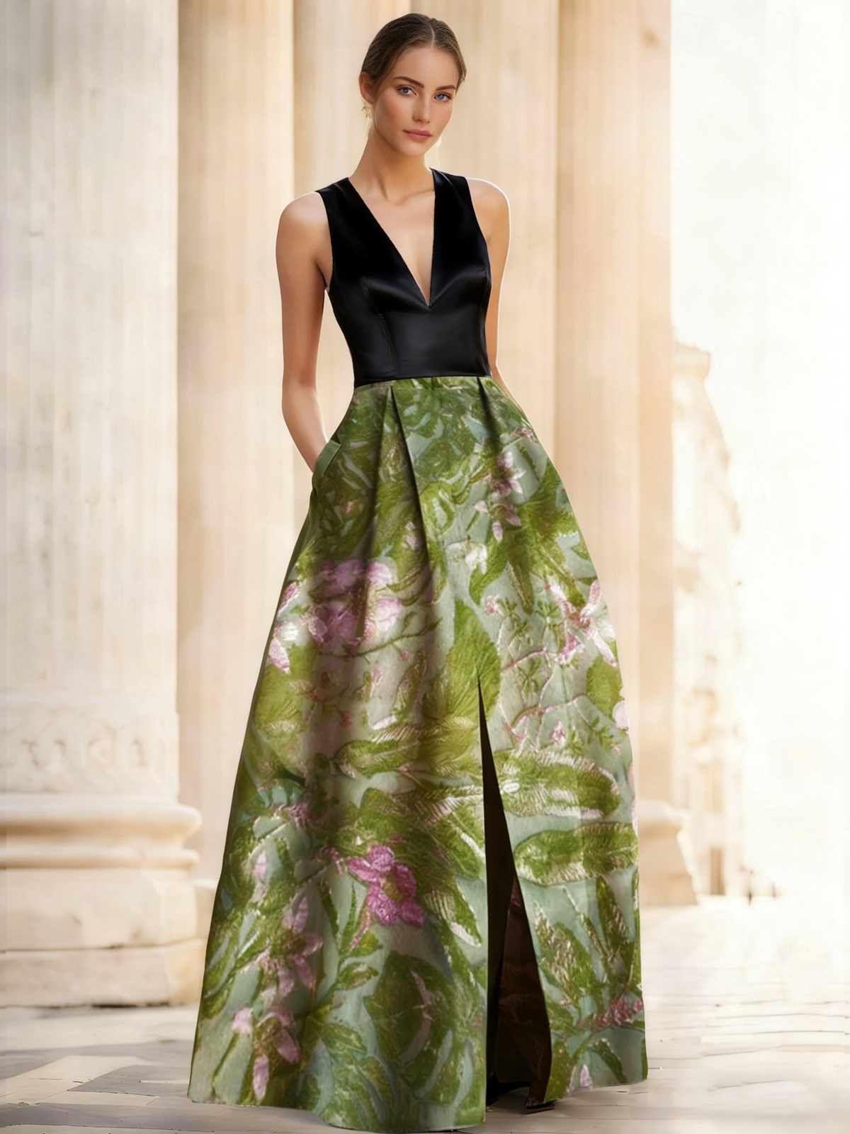 Nafori Petal A-Line Evening Gown Elegant Jacquard Floral Dress Prom Floor Length Sleeveless V Neck with Slit Pocket Wedding Guest Dress 2026