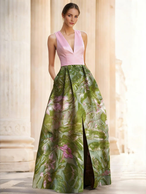 A-Line Evening Gown Elegant Jacquard Floral Dress Prom Floor Length Sleeveless V Neck with Slit Pocket Wedding Guest Dress