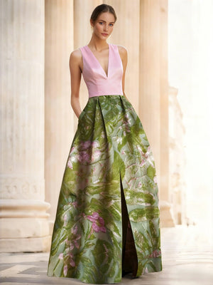 A-Line Evening Gown Elegant Jacquard Floral Dress Prom Floor Length Sleeveless V Neck with Slit Pocket Wedding Guest Dress