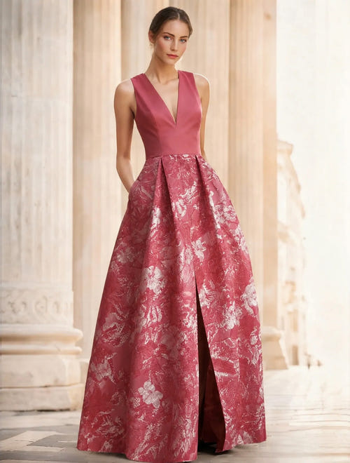 A-Line Evening Gown Elegant Jacquard Floral Dress Prom Floor Length Sleeveless V Neck with Slit Pocket Wedding Guest Dress
