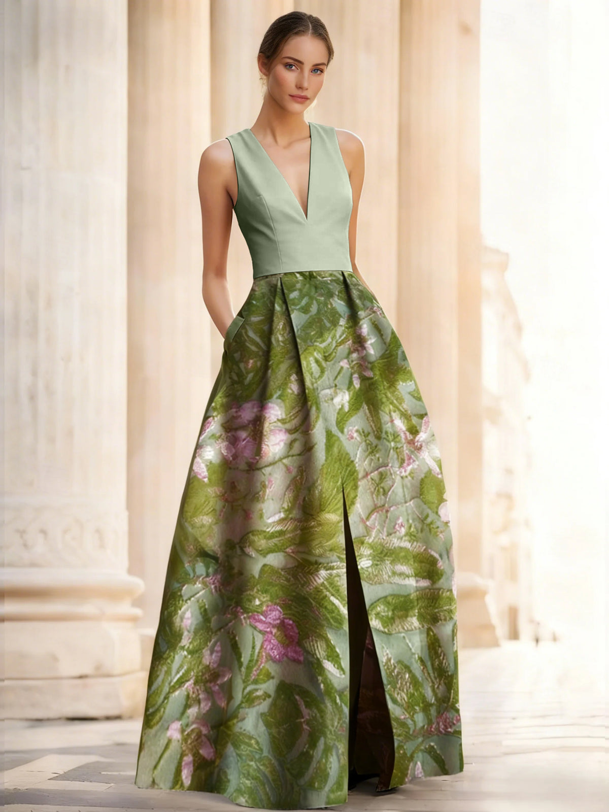 Nafori Petal A-Line Evening Gown Elegant Jacquard Floral Dress Prom Floor Length Sleeveless V Neck with Slit Pocket Wedding Guest Dress 2026