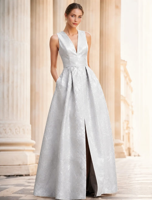 A-Line Evening Gown Elegant Jacquard Floral Dress Prom Floor Length Sleeveless V Neck with Slit Pocket Wedding Guest Dress