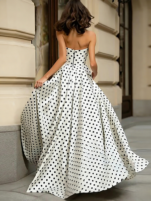 A-Line/Princess Prom Dress Satin Off Shoulder Sleeveless Floor-Length Formal Dresses With Polka Dots