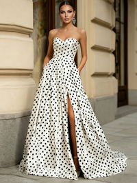 A-Line/Princess Prom Dress Satin Off Shoulder Sleeveless Floor-Length Formal Dresses With Polka Dots