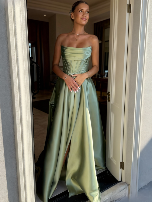 A Line/Princesses Prom Dresses Satin Strapless Floor-Length Formal Corset Dress With Pocket Ruched Lace Up