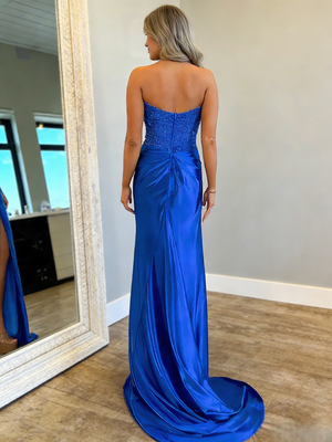 Mermaid Strapless Blue Prom Dress Beaded Top Off The Shoulder Long Formal Dress with Slit