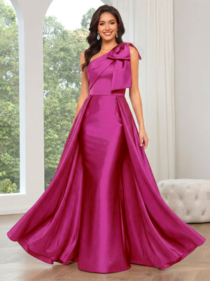 A Line/Princesses Prom Dresses Satin One Shoulder Floor-Length Formal Dress With Overskirt Bows