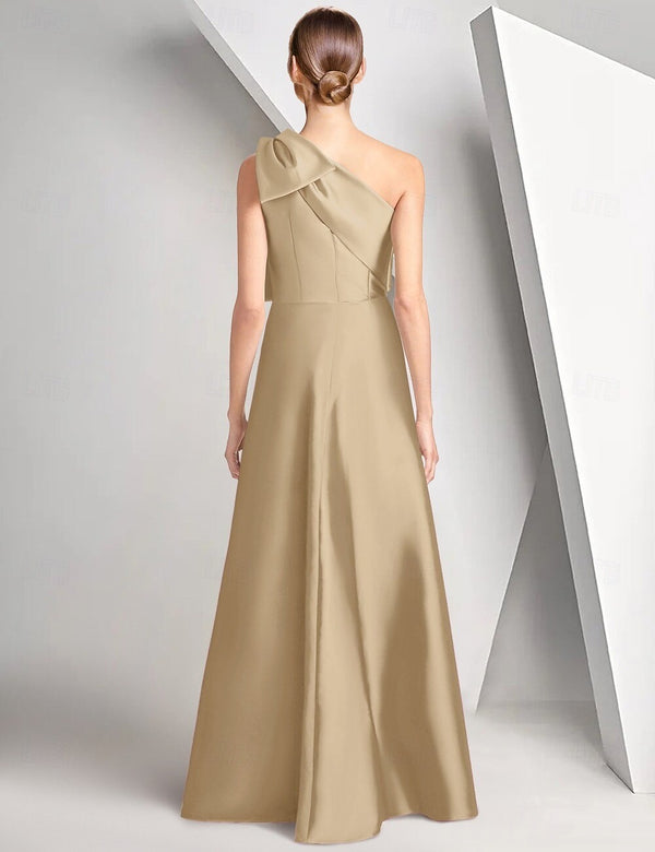 A Line/Princesses Prom Dresses Satin One Shoulder Floor-Length Formal Dress With Overskirt Bows